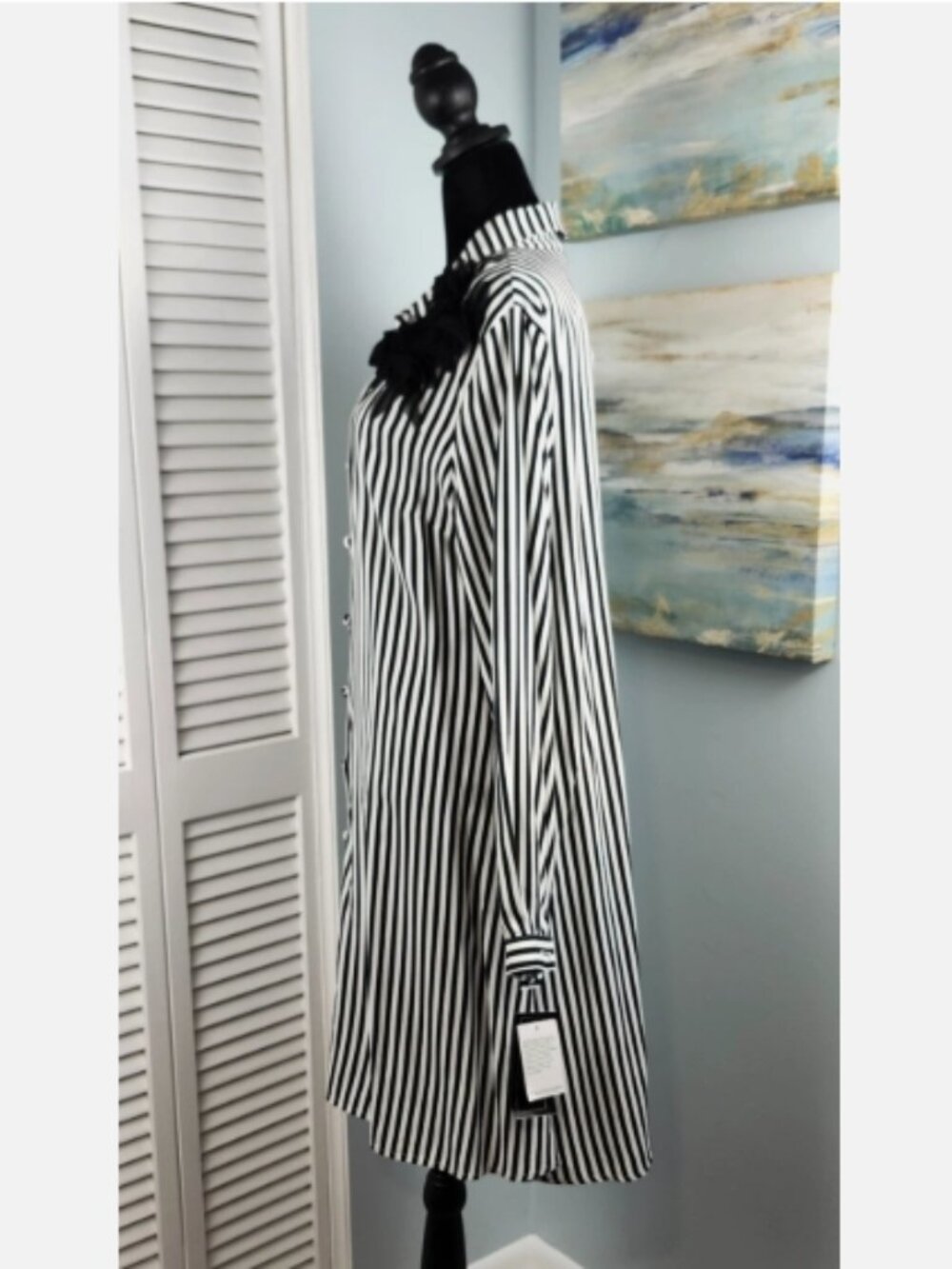 MSK Shirt Dress M Black White Stripe Button Long Sleeve Flower Applique NWT $78 - Picture 6 of 12